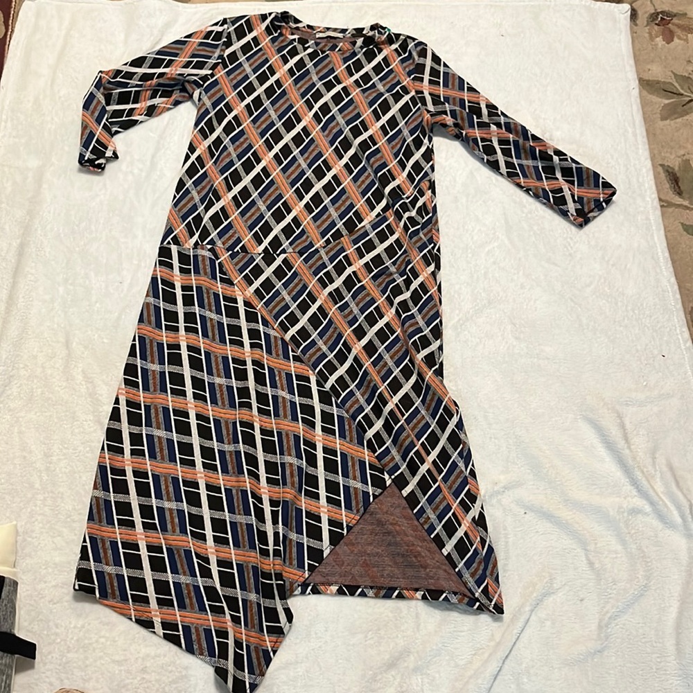 Zara Asymmetrical Hemline Checked Striped Midi Dress